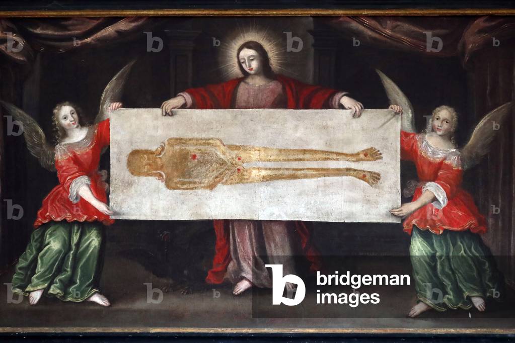 Saint Pierre church. The Shroud of Turin. Painting.  Beaume Les Messieurs. France.