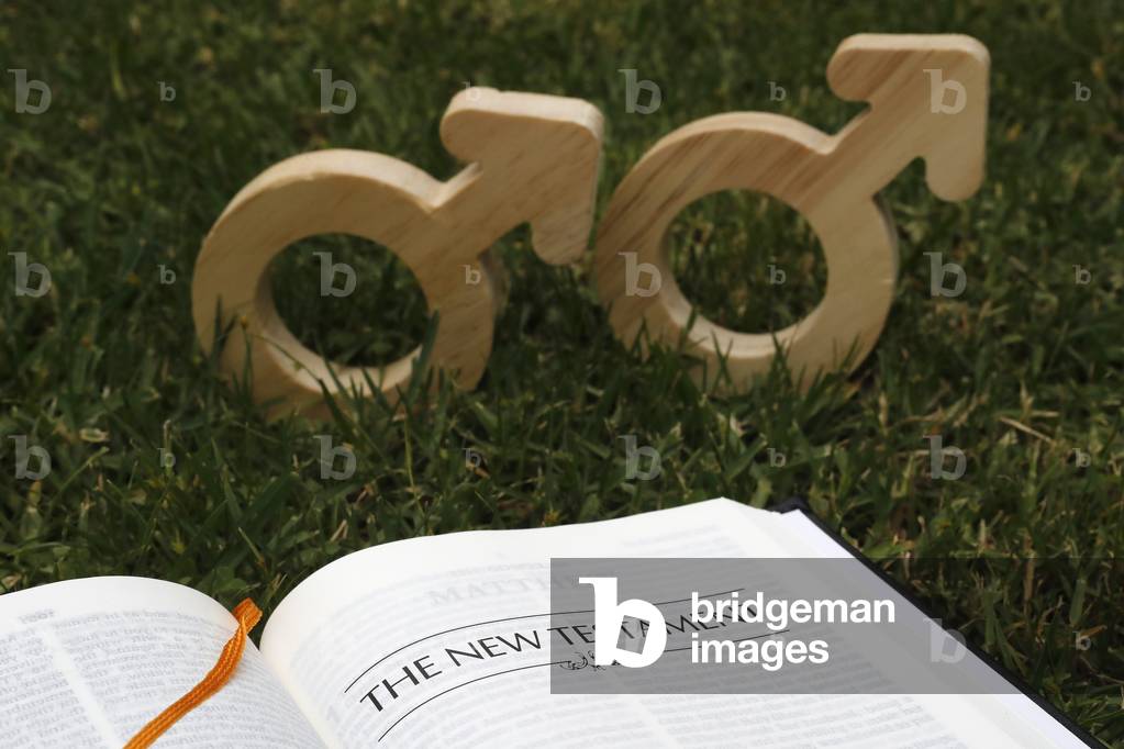 Bible and male gender symbols, Gay symbol (photo)