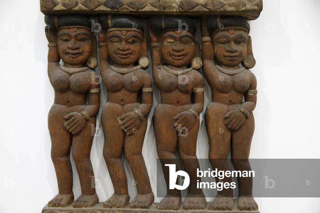 National museum of India, Delhi. Chira Haran (Stealing of robes by Krishna). Kerala. 19th century. Wood. Detail. India.