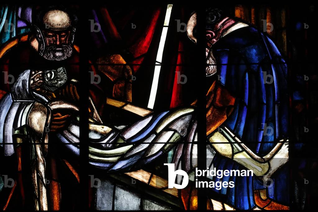 Cathedral of Notre Dame of Lausanne.  Stained glass window.  Passion of Christ. The burial of Jesus.  Switzerland.
