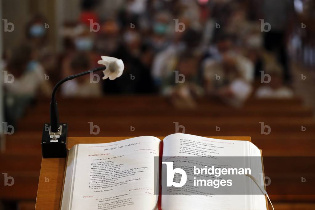 Catholic church. Celebration of the mass.  Ambon and lectionary.  Saint Gervais. France.
