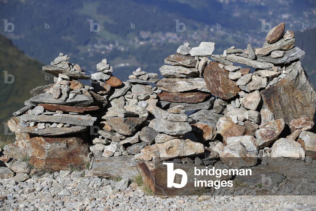 A stone cairn in the French Alps,   France,  2018 (photo)