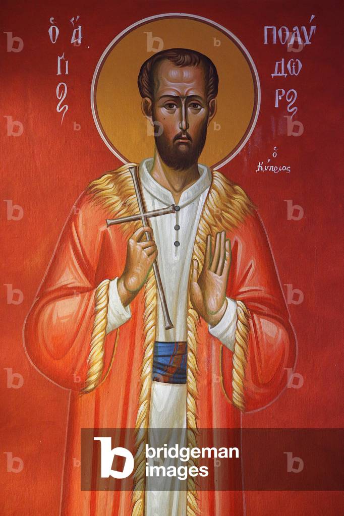Fresco in Holy cross church, Pedoulas. Saint Polydor from Cyprus, 20150510, Pedoulas, Cyprus