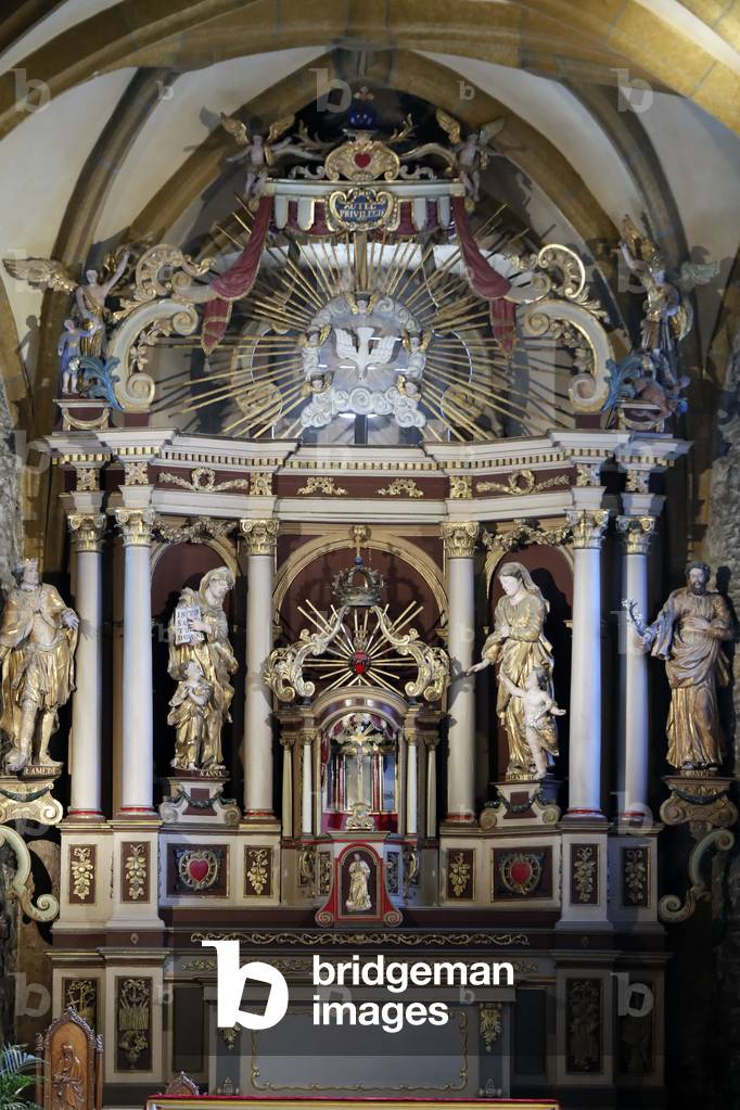 The altarpiece, dated 1731, was sculpted and painted by Jean Baptiste Bozzo, sculptor of the Austrian emperor Ferdinand VI, Church of St, John the Baptist, Megeve, France, 2020 (photo)