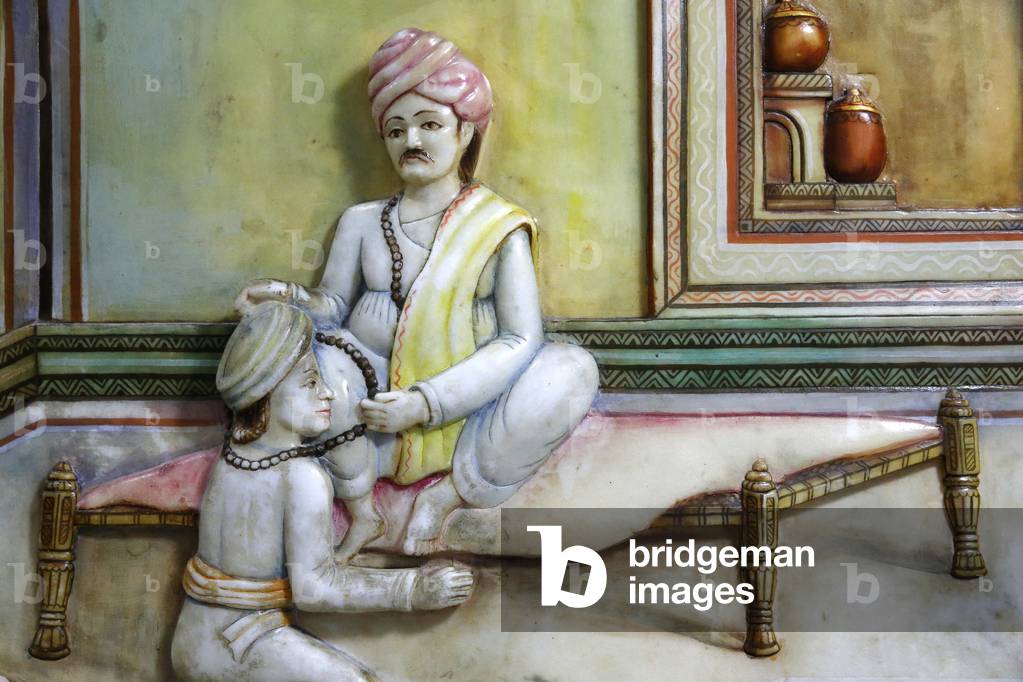 Jalaram Prathna hindu temple, Leicester. Artwork depicting Jalarambapa's life. United kingdom