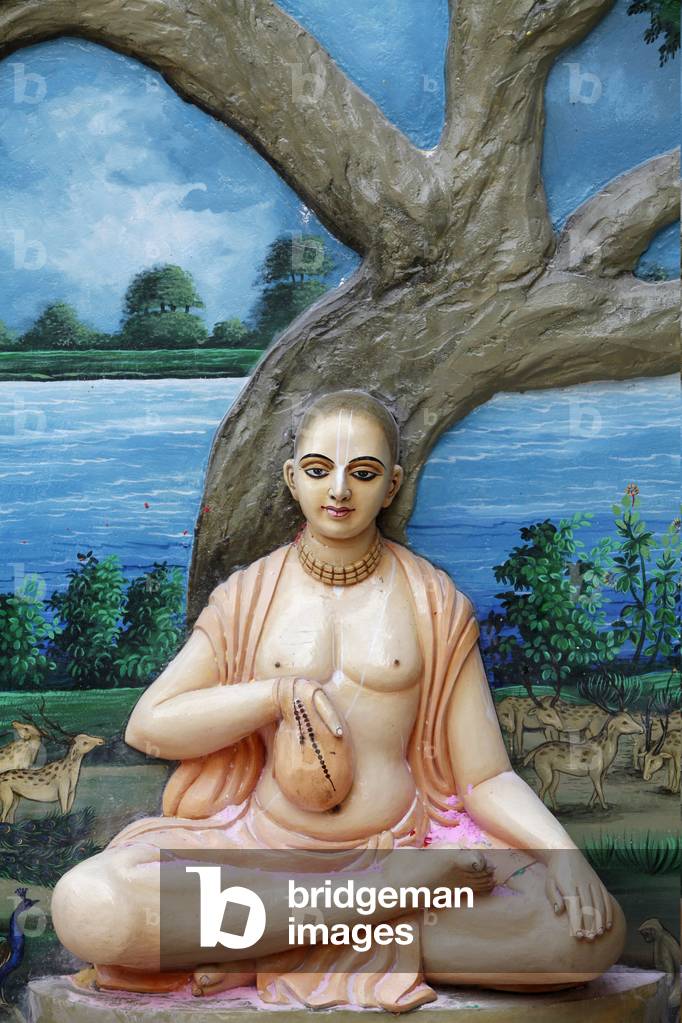 When he was visiting Vrindavana, Sri Caitanya Mahaprabhu daily chanted japa at Imli Tala (tamarind tree), which was located at that time right on the bank of the Yamuna. Chaitanya Mahaprabhu (1486Ð1534) was a Vaishnava saint and social reformer in eastern India in the 16th century, worshipped by followers of Gaudiya Vaishnavism as the full incarnation of Lord Krishna. He is carrying a cloth bag used by Krishna devotees for storing chanting beads Vrindavan Inde