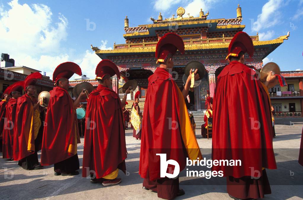 Tibetan monks celebrating Lo Sar New Year Festival, Bodh Nath, Nepal
