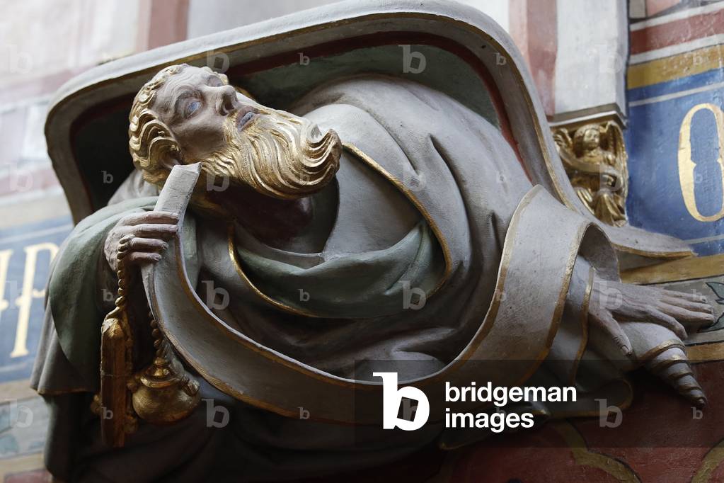 Jacques Coeur Palace, Bourges, France. Sculpture in the chapel : saint or prophet holding a phylactery