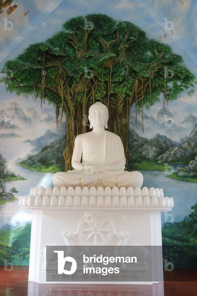 Buddha sitting in the meditation pose, Bodhi tree, Statue, Thien Lam buddhist temple, Hue, Vietnam, 2019 (photo)