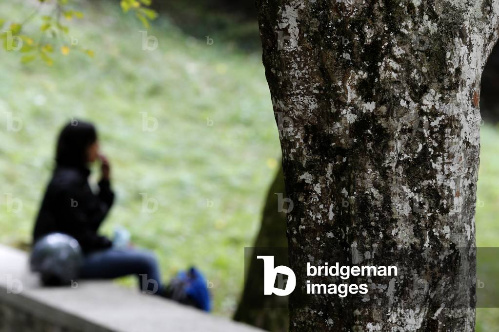Young woman praying alone in nature.  France.