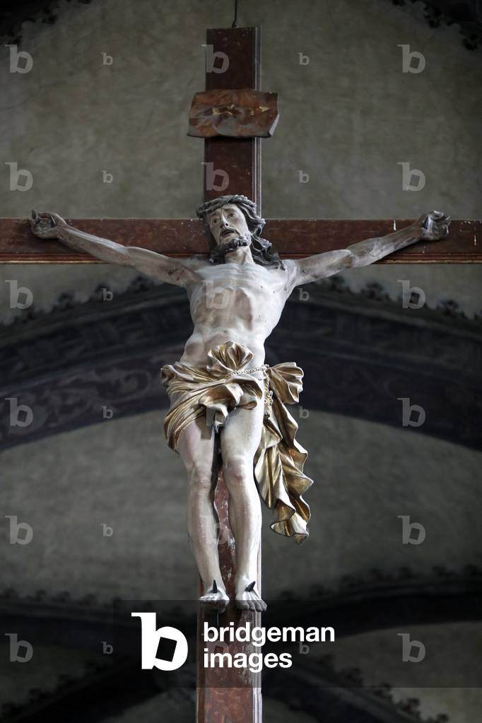 Church of Sant Orso, Jesus on the cross, Wood carven, Aosta, Italy (photo)