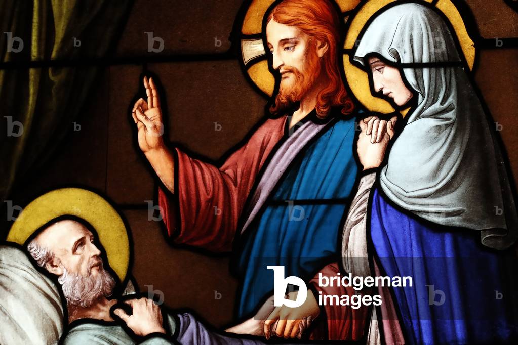 Sainte Catherine des Hopitaux Neufs church.  Stained glass window.  France.