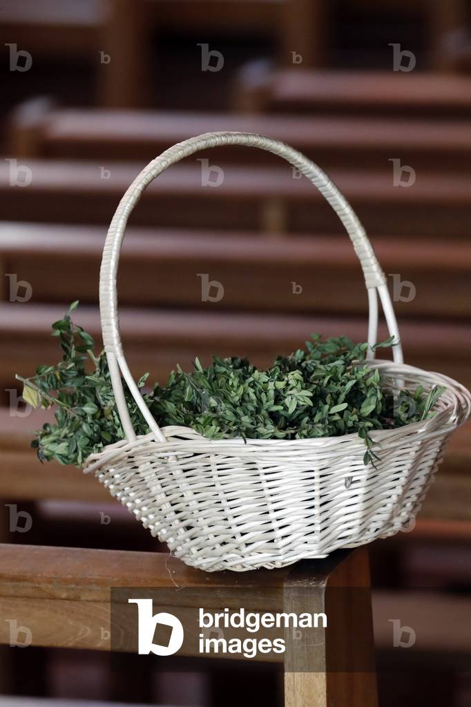 Palm sunday celebration.  Boxwood branches in basket.  Annecy. France.
