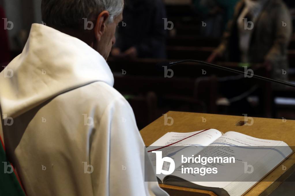 Catholic church during covid-19 epidemic. Mass celebration. Liturgy of the word.  Sallanches.  France.