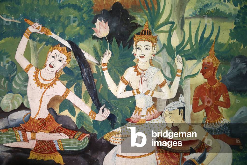 Fresco in Wat Ampharam, Hua Hin, Thailand. Buddha cutting his hair and renouncing his former life.