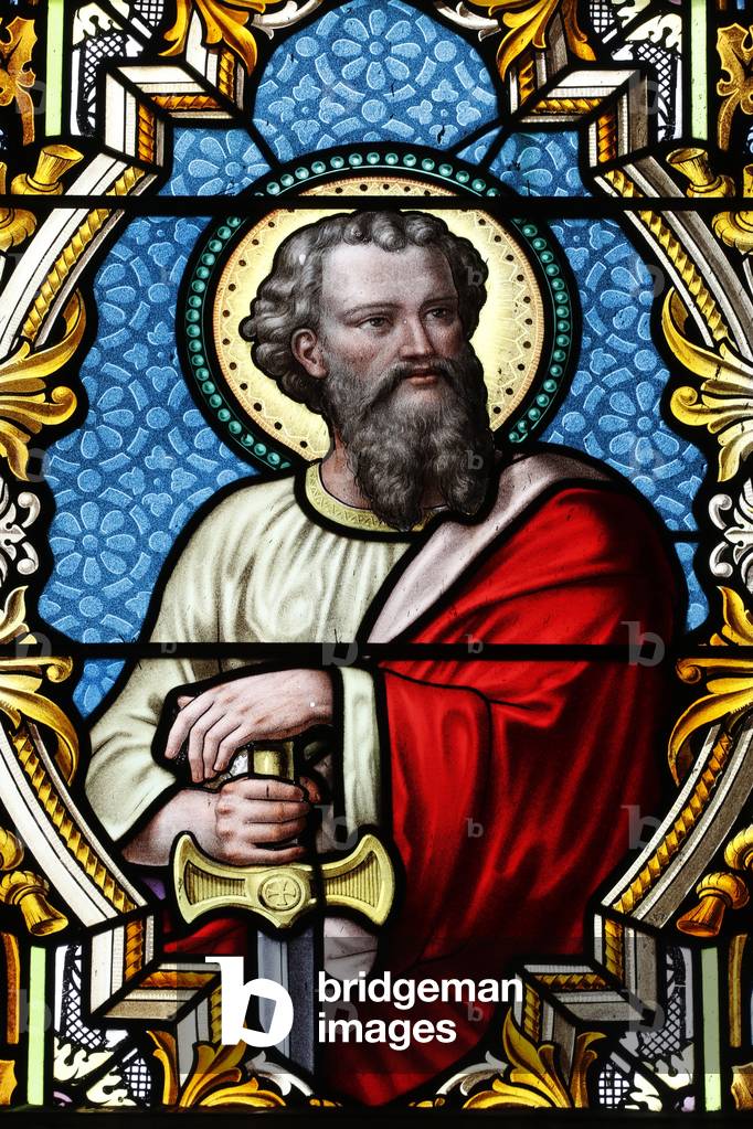 Stained glass window.  Saint Paul the apostle.  Groisy. France.