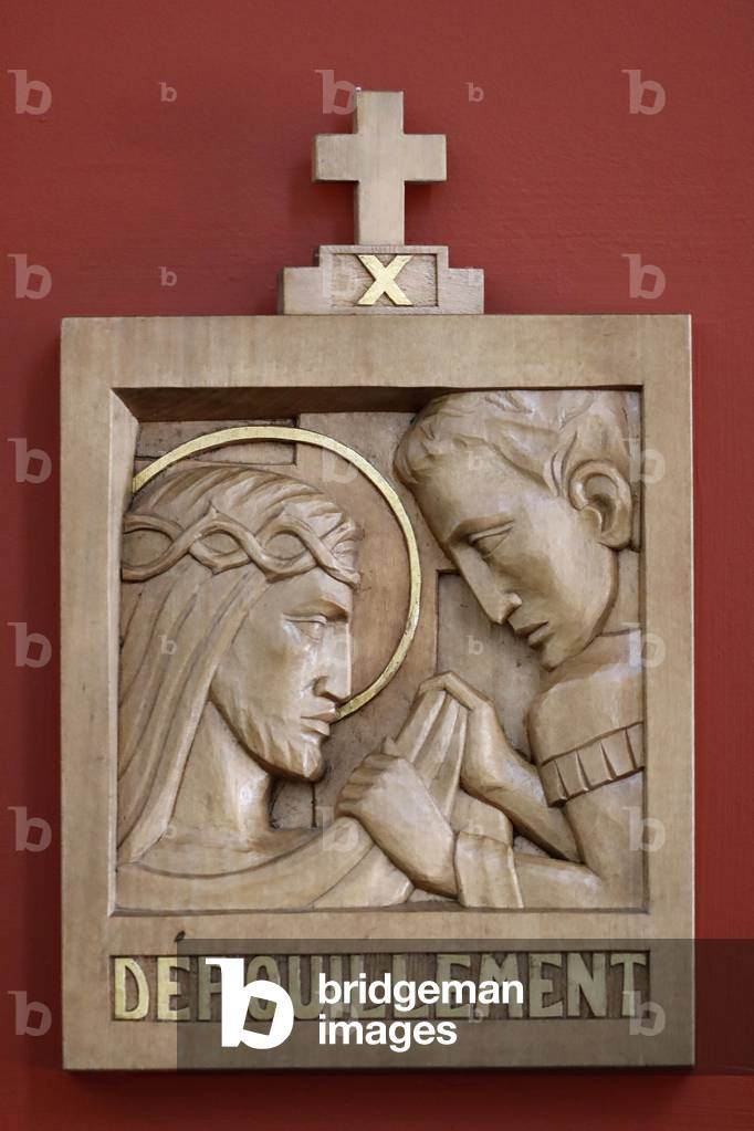 Passion of Christ. Way of the cross.  Station 10. Jesus is stripped of his garments. Groisy. France.