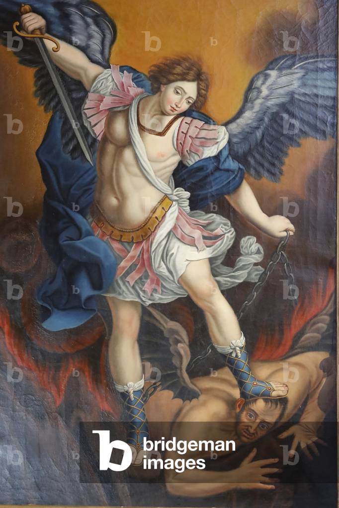 Notre Dame de l'Assomption de Cordon church.  Archangel slaying Satan as a dragon. Painting.  France.  France.