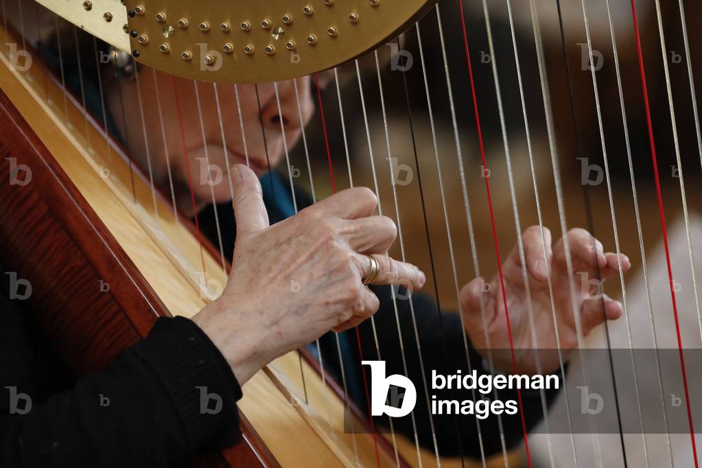 Woman playing a harp in church.  Saint-Nicolas de Veroce church. France. (photo)