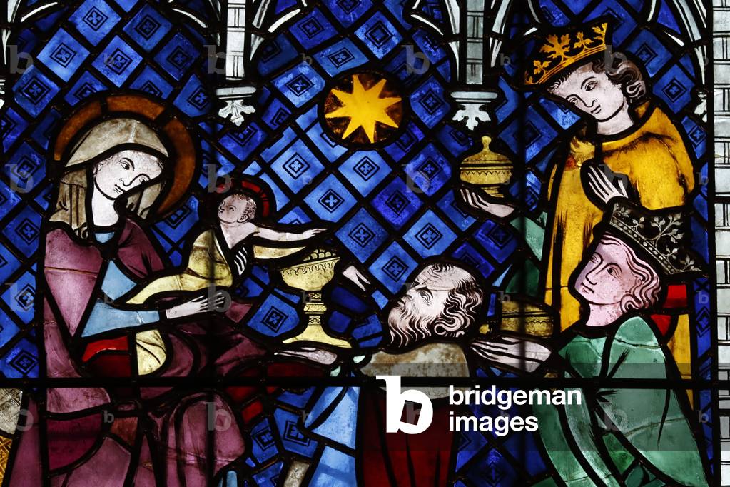 Our Lady of Strasbourg Cathedral. Stained glass window. The nativity. Adoration of the Magi. 14 th century. Strasbourg. France.
