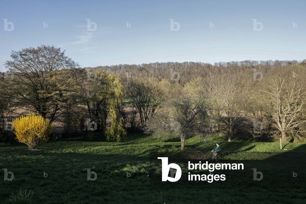 Young man clearing a garden. Eure, France.