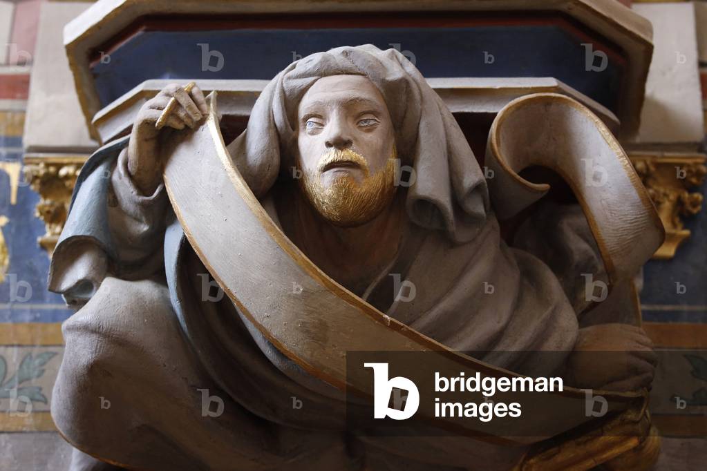 Jacques Coeur Palace, Bourges, France. Sculpture in the chapel : saint or prophet holding a phylactery