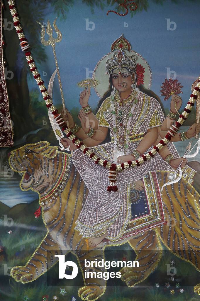 Sanatan Mandir hindu temple, Leicester. Garlanded image of goddess Durga riding a tiger. United kingdom