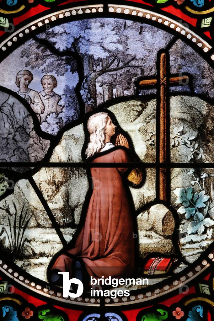 Episode de la vie de sainte Marguerite-Marie (Marguerite Marie) Alacoque (1647-1690) mystique de l'ordre de la visitation Vitrail de la Basilique du sacre coeur Paray-le-Monial Saone et Loire