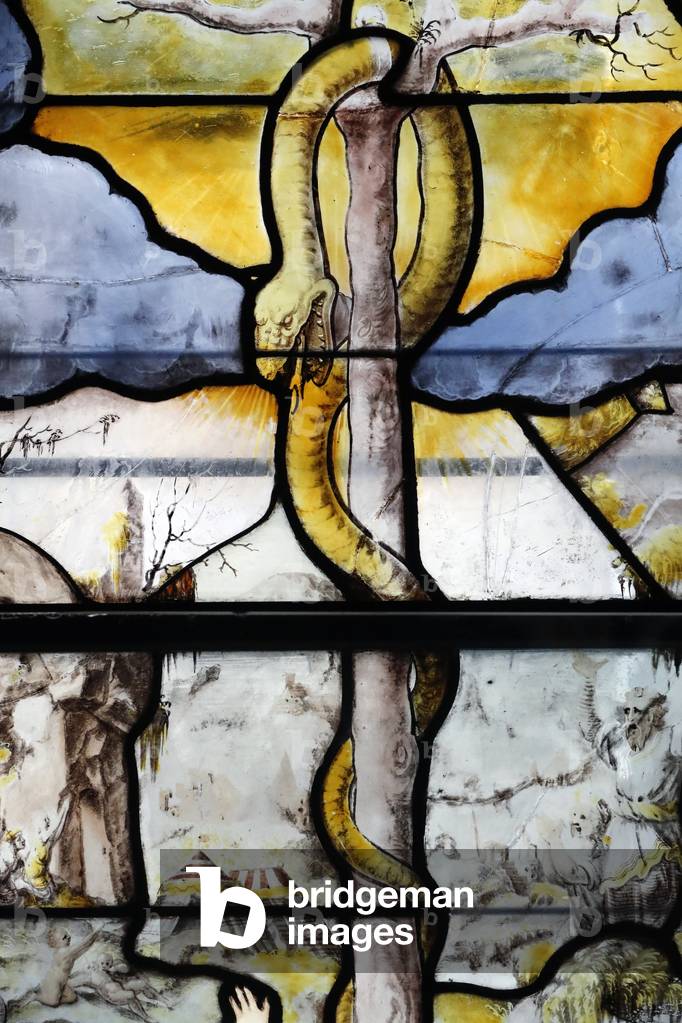 Saint Etienne du Mont church,  Stained glass window,  The Brazen Serpent, 16th century,  Paris, France, 2018 (photo)