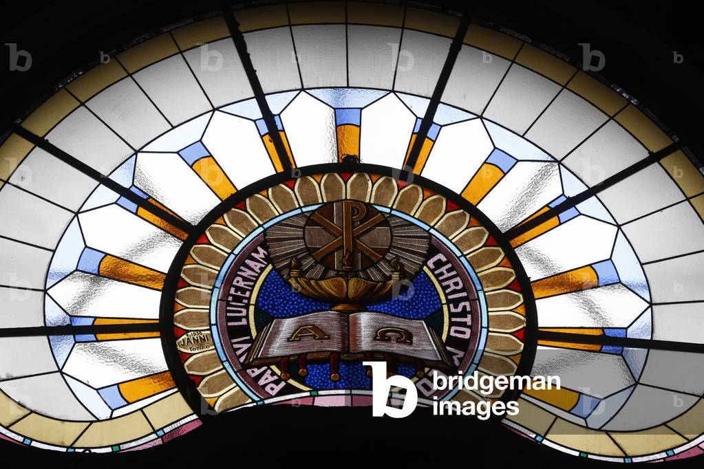 Saint-Grat church, Stained glass window, Alpha and Omega, Valgrisenche, Italy (photo)