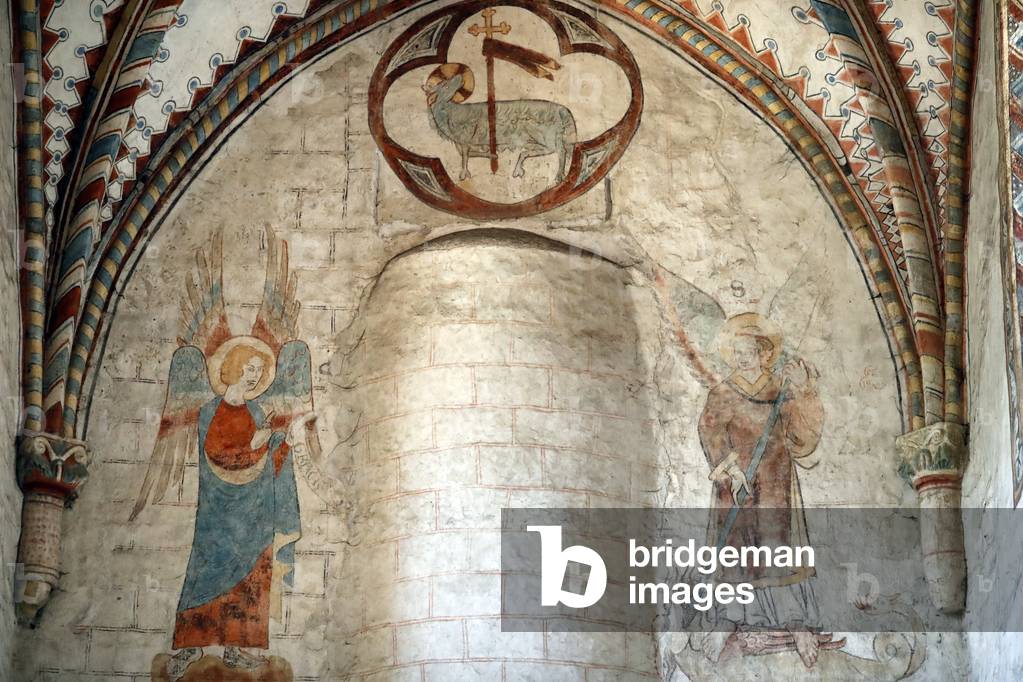 Romainmotier Abbey Church.  Angels, fresco on the walls of the nave of the church and decoration of the vault, 11th century. Switzerland.