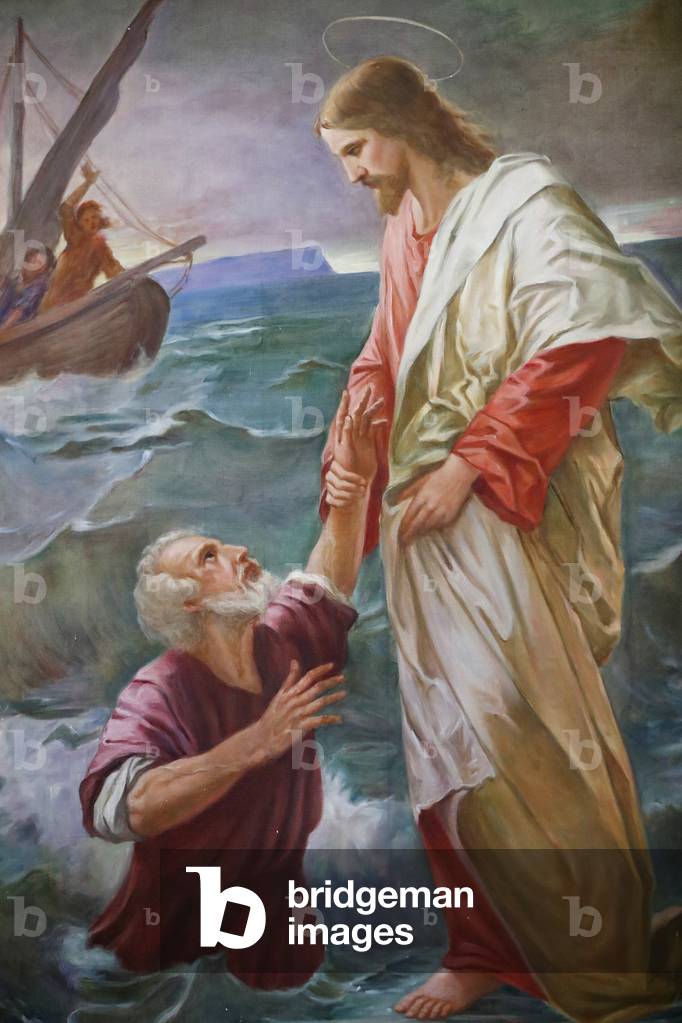 Saint-Grat church, Painting, Peter walked on the water towards Jesus, but he became afraid and began to sink, and Jesus rescued him, Valgrisenche, Italy (photo)