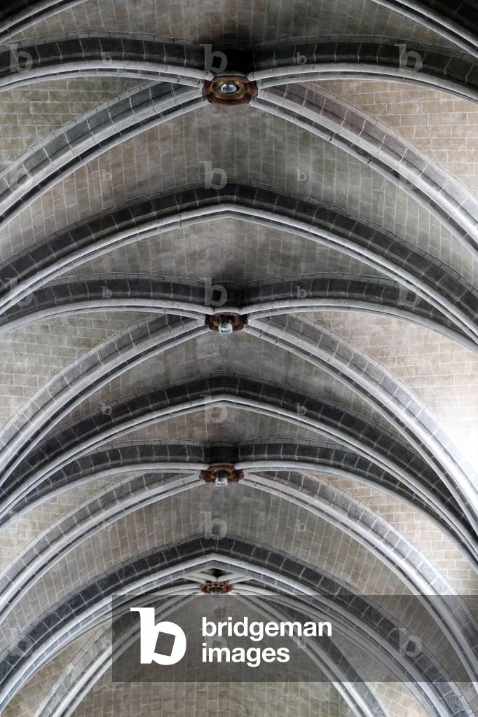 Cathedral of Notre Dame of Lausanne.  The nave. Gothic rib vaulting.  Switzerland.
