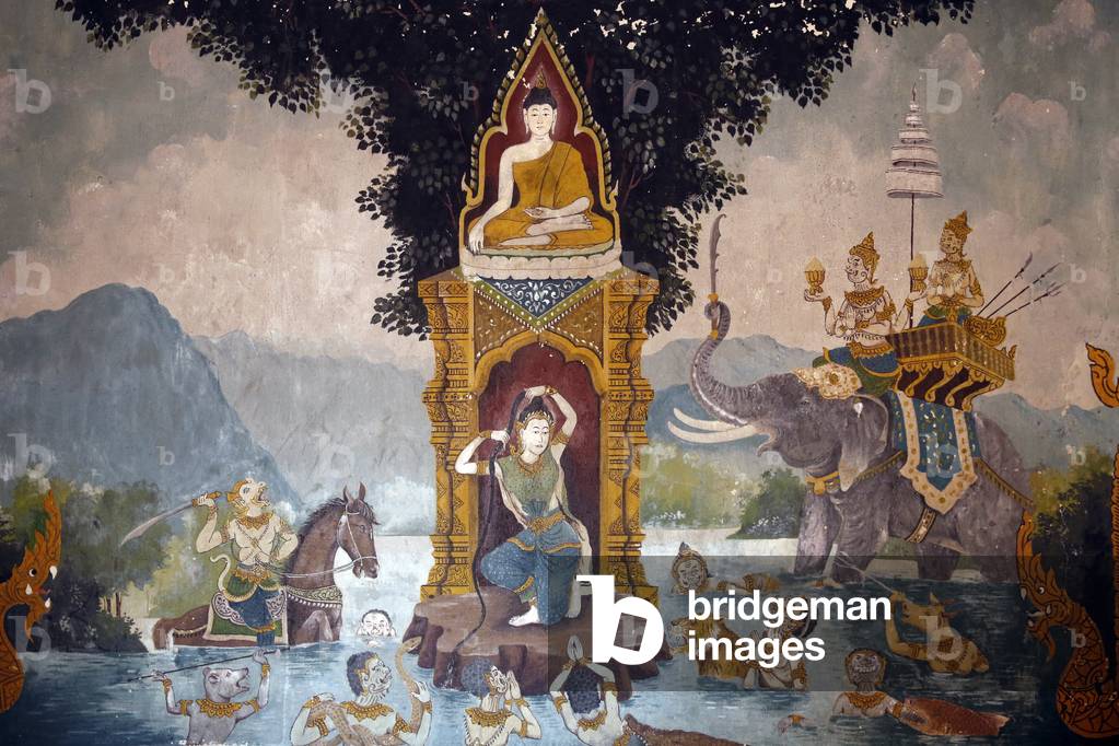 Fresco depicting a scene of the Buddha's life in Wat Phra Doi Suthep, Chiang Mai. Phra Mae Thorani  twists her long hair and torrents of water create a flood. Thailand (photo)
