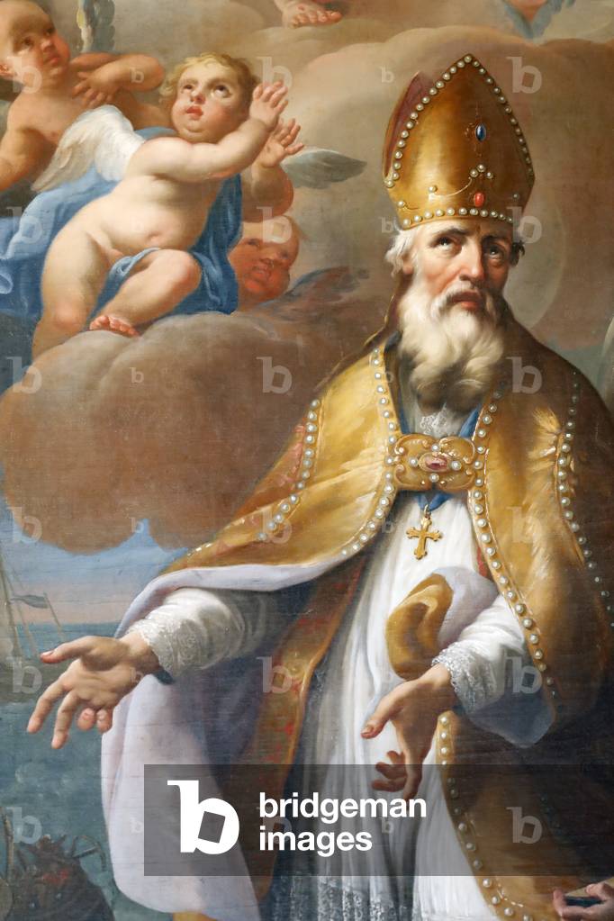 St. Nicolas de Veroce church.  St. Nicolas de Veroce church. St. Nicolas  bishop of Myra. Painting.  France. (photo)