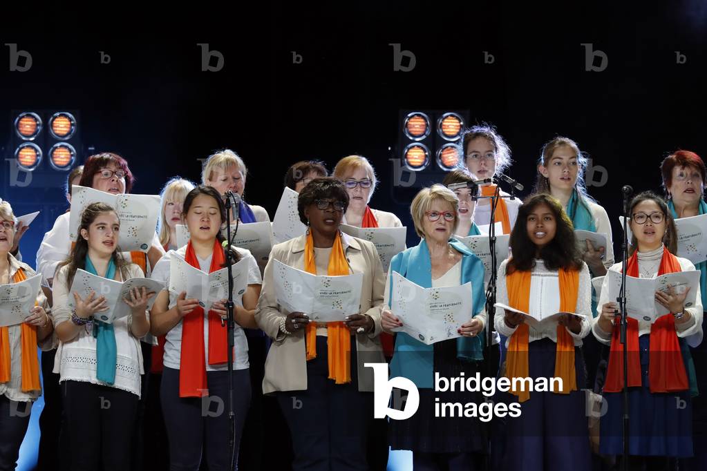 Protestant celebration at the Zenith of Strasbourg, Women choir on stage, Gosepl, Strasbourg, France.