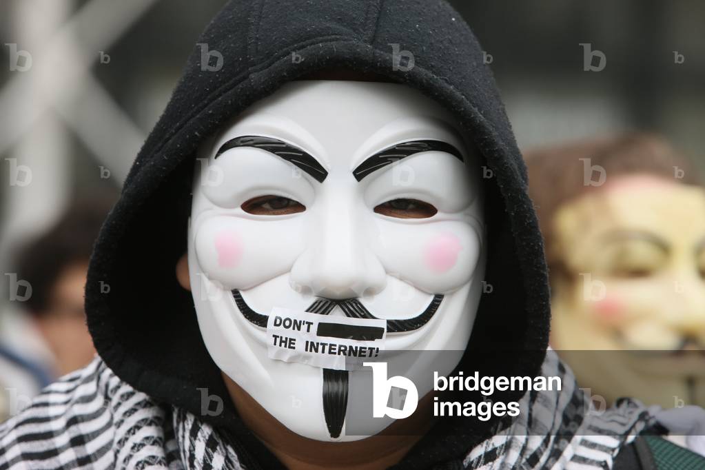 Protester wearing a Guy Fawkes mask , trademark of the Anonymous movement and based on a character in the film V for Vendetta ; Paris France