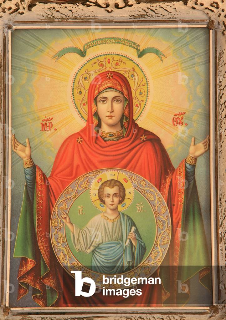 Greek orthodox icon depicting the Virgin and christ Thessalonique Grece