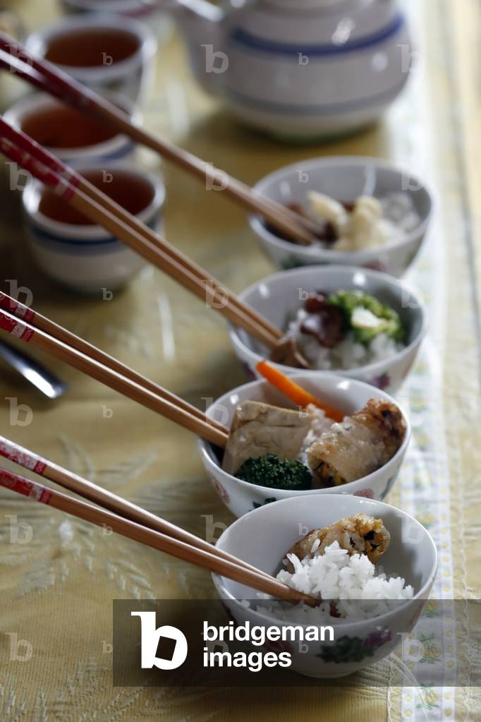 Tu An Buddhist temple. Ancestor altar. Vegetarian offerings.  France.