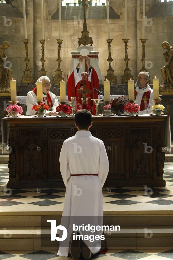 Pentecost mass in St Nicolas's church, Beaumont-le-Roger, France