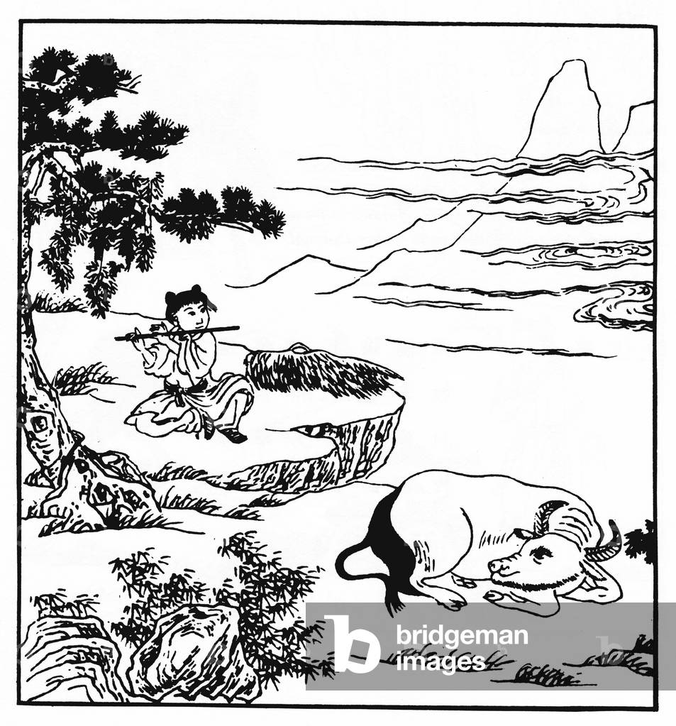 The Ten Oxherding Pictures by Puming (Fumyo), an unknown author, Stage 6: unimpended, The ox is tamed and its master expresses his joy by playing music (photo)