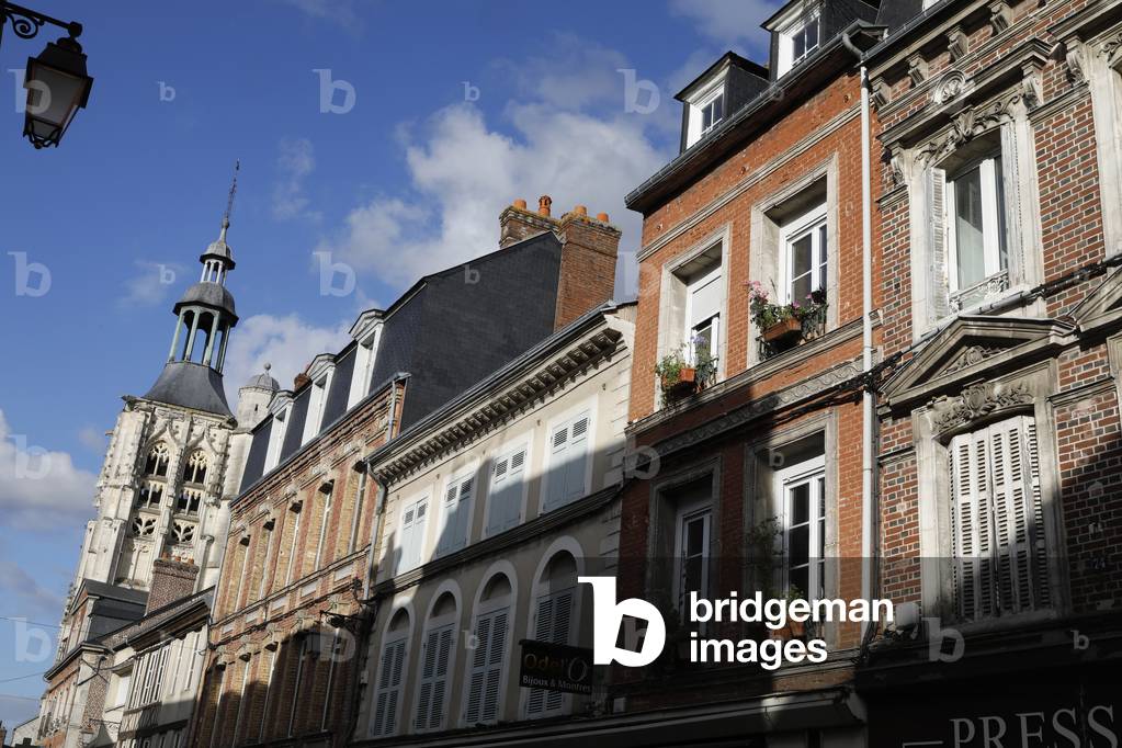 Houses and church spire in Bernay, France.