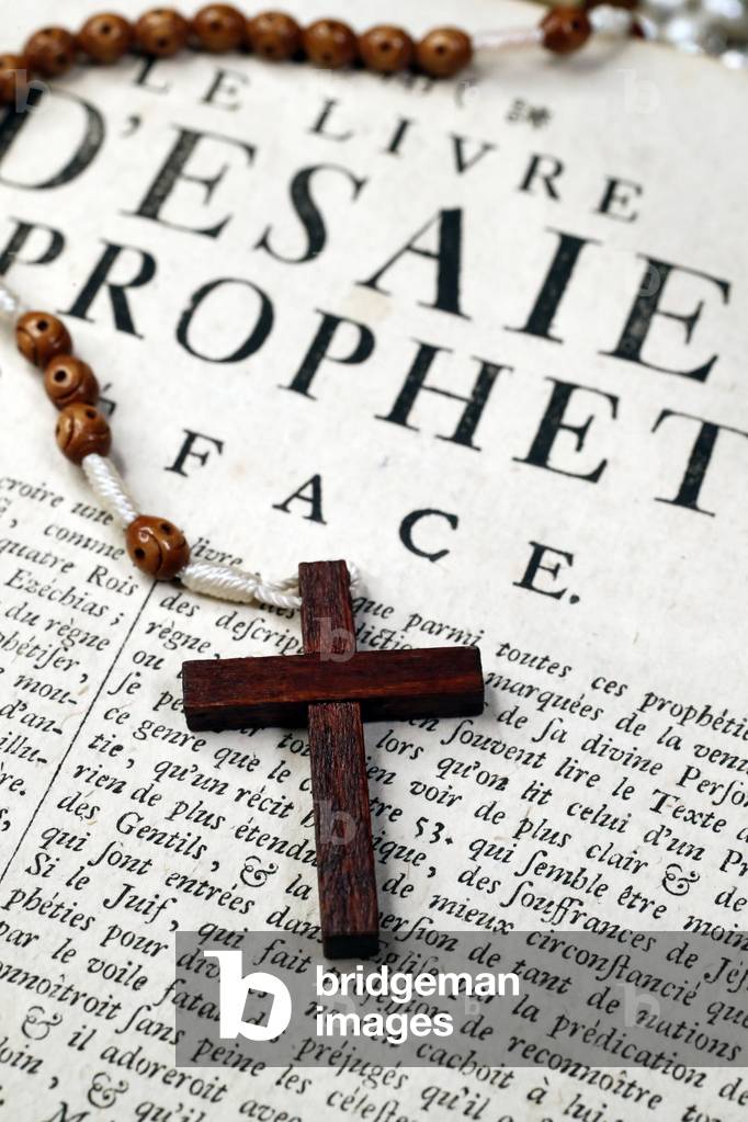 Old Bible in french, 18th century, Old Testament, The Book of Isaiah, Rosary beads, France (photo)