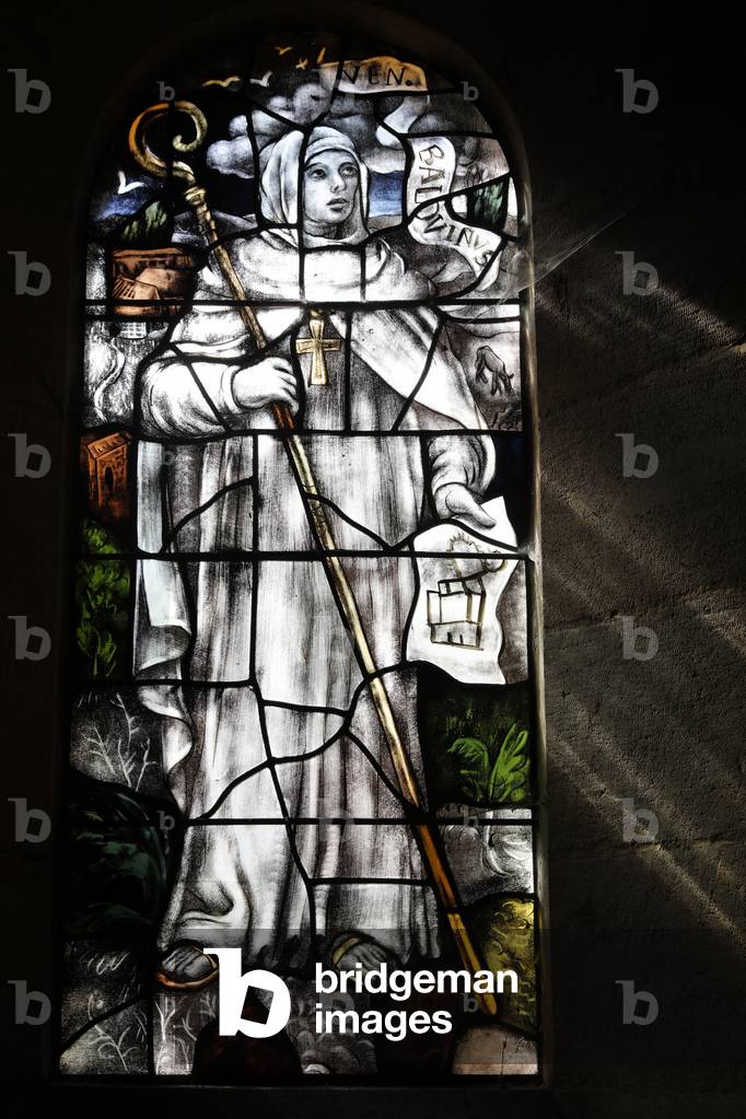 Orval trappist abbey, Belgium. Church. Stained glass. Saint Baudoin