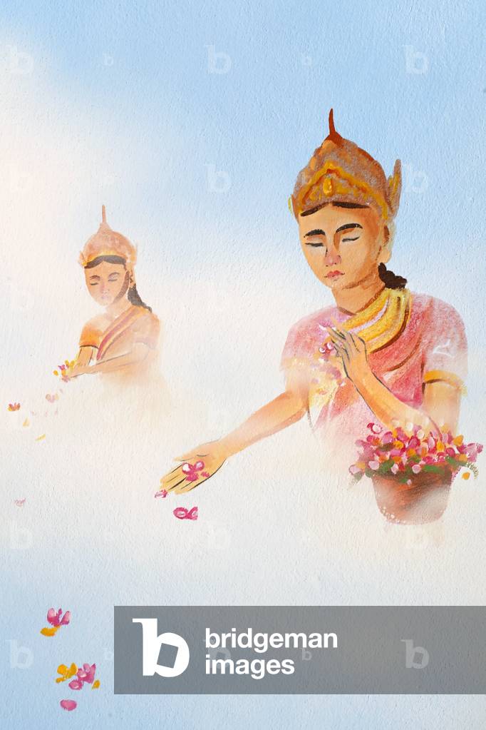 Thien Lam buddhist temple, Wall painting, Worshipers, Hue, Vietnam, 2019 (photo)