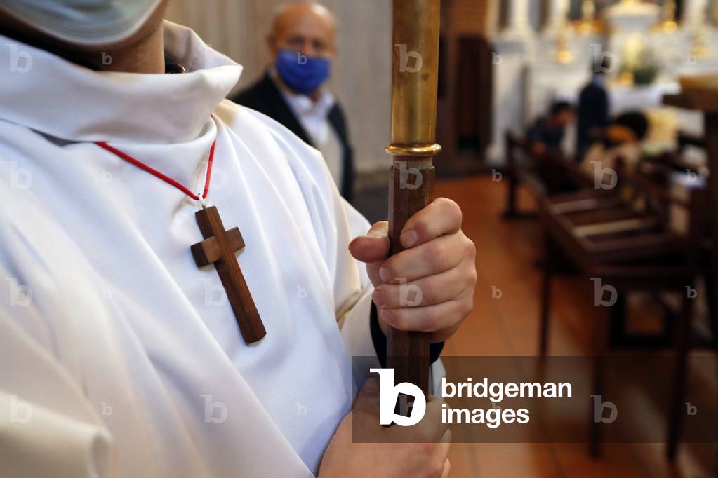 Catholic church during covid-19 epidemic.  Celebration of the mass.   Sallanches.  France.