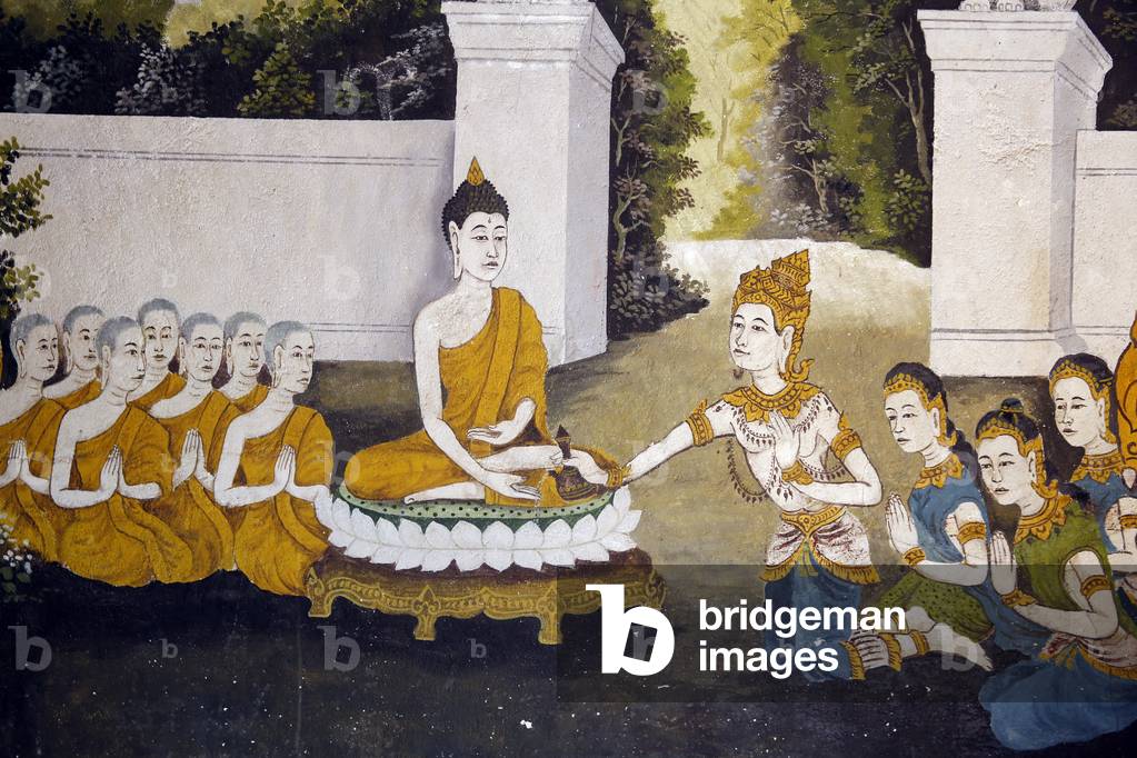 Fresco depicting a scene of the Buddha's life in Wat Phra Doi Suthep, Chiang Mai. Buddha receiving alms. Thailand (photo)