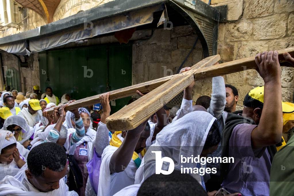 Good Friday coptic Ethiopian christian procession on the Via Dolorosa, Jerusalem, Israel. (photo)