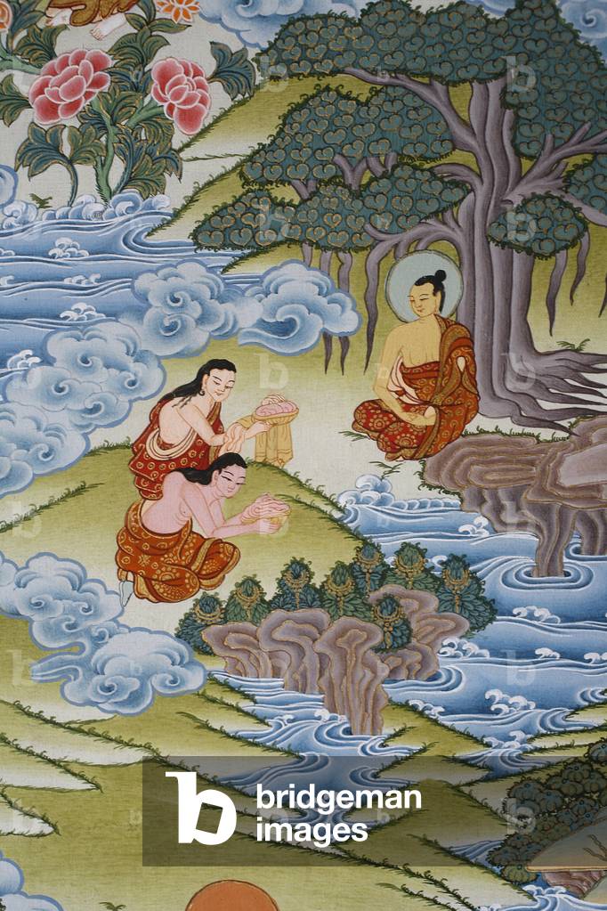 Sujata dà riso al latte al Buddha. Thangka, Bhaktapur, Nepal