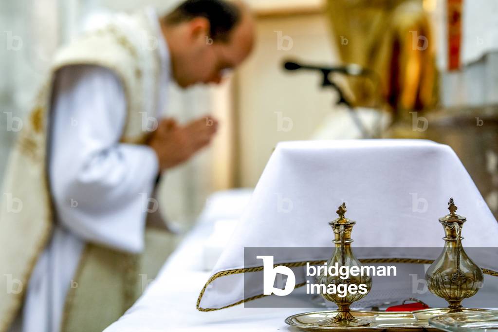 Mass in St Nicolas's church, Beaumont le Roger, France during 2019 lockdown.